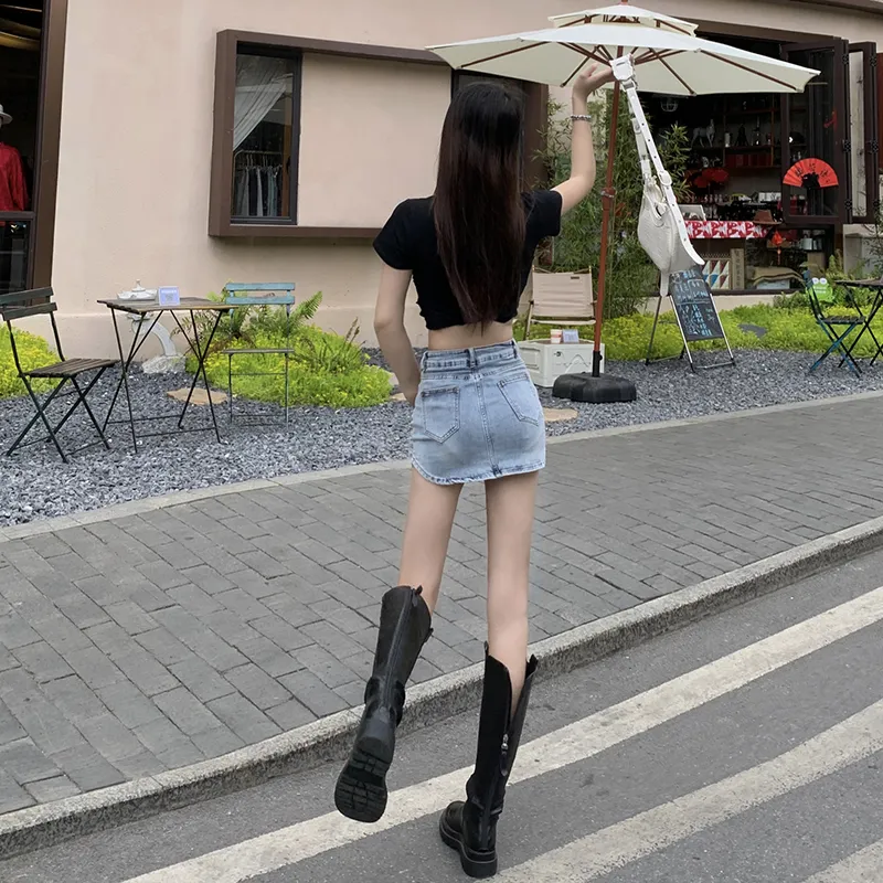 Wen Shan Denim Short Skirts Women's Vintage Blue-3