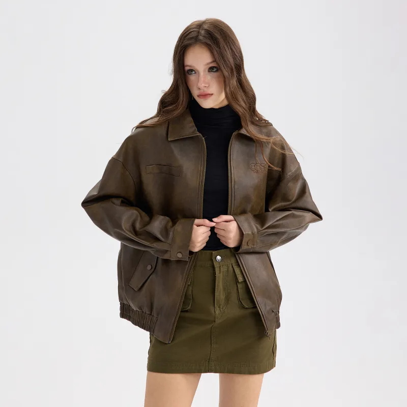 Wen Shan Leather Jacket Women's Vintage Brown-4
