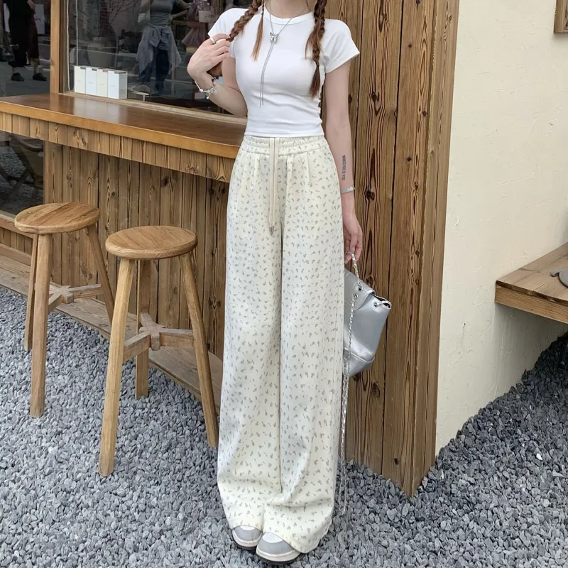 Wen Shan Casual Pants Women's White Small Floral Pattern-5
