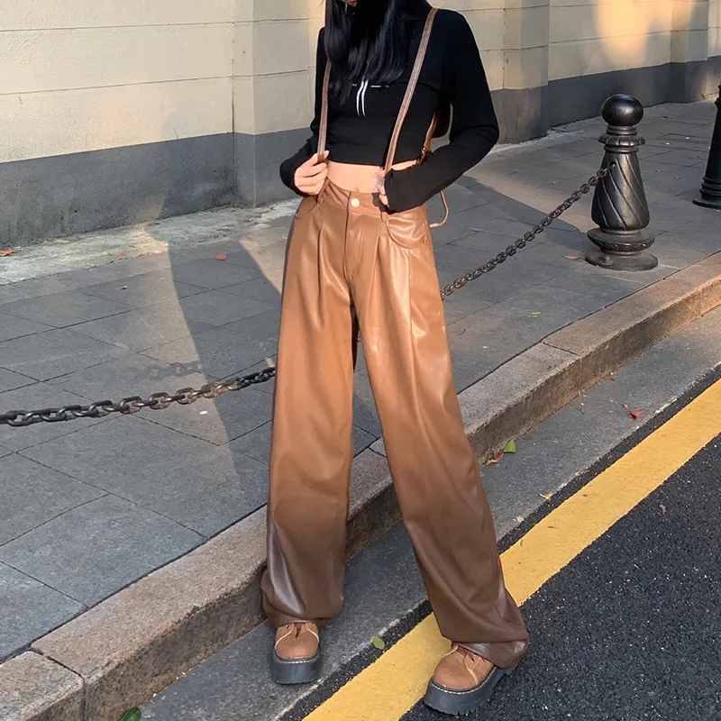 Wen Shan Leather Pants Women's Coffee-3