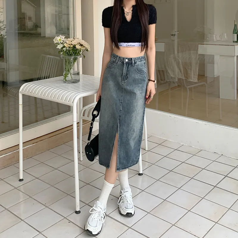 Wen Shan Denim Long Skirt Women's Vintage Blue-2