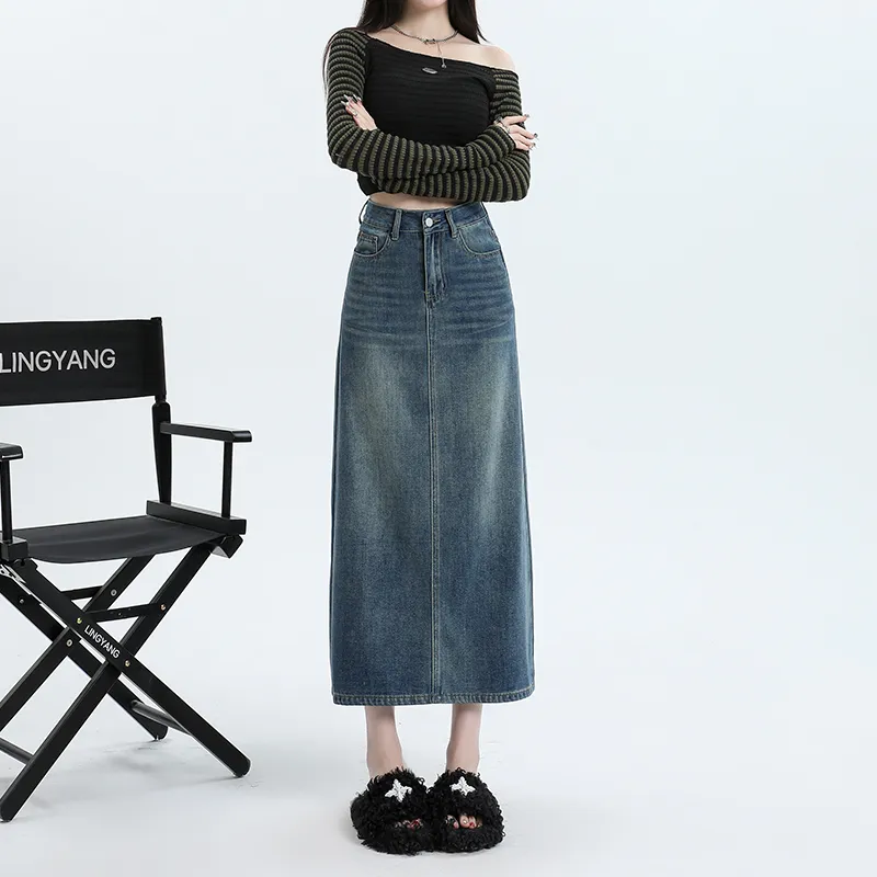 Wen Shan Denim Long Skirt Women's Vintage Blue-2