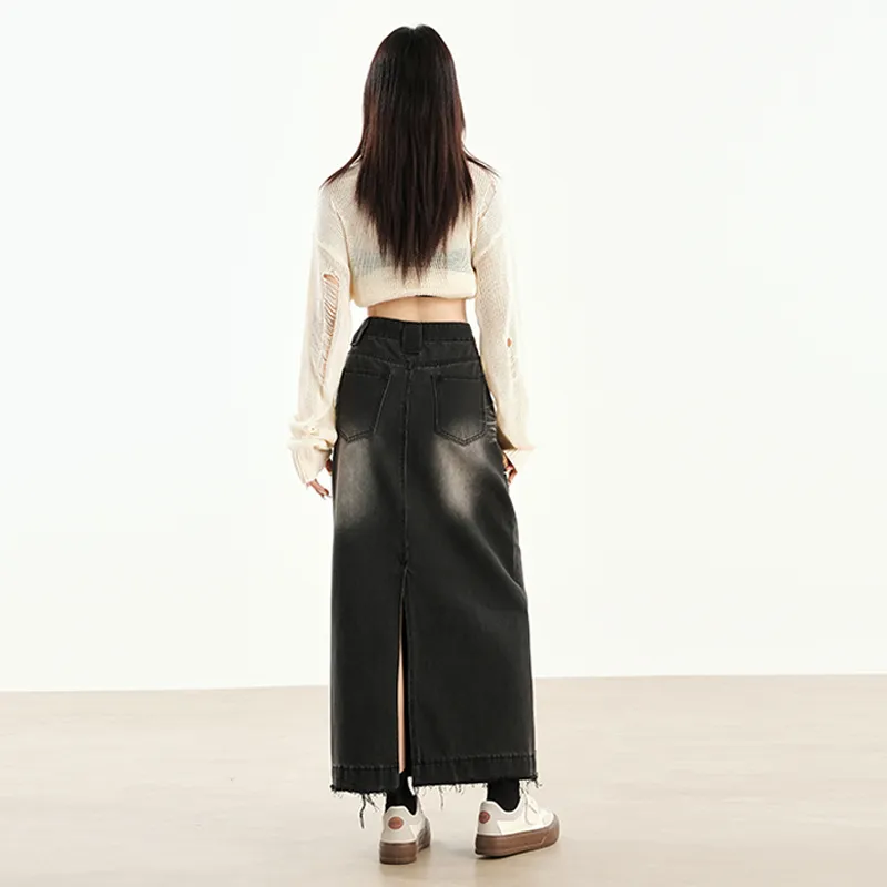 Wen Shan Denim Long Skirt Women's Black Gray-2