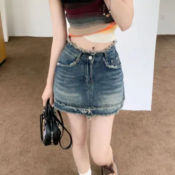 Wen Shan Denim Short Skirts Women's Vintage Blue