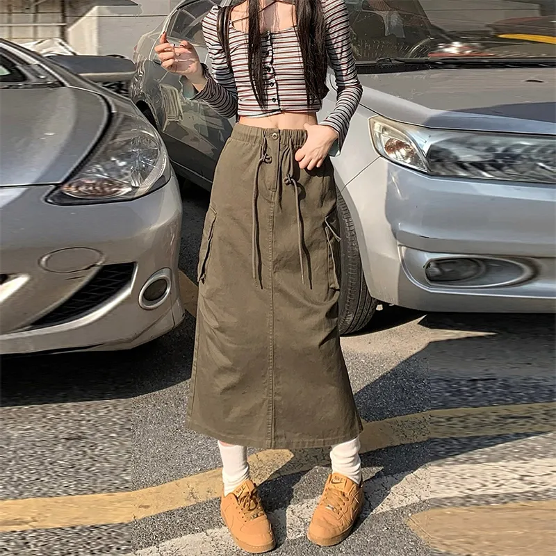 Wen Shan Denim Long Skirt Women's Army Green-2