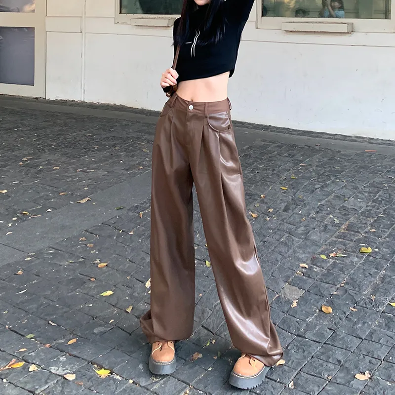 Wen Shan Leather Pants Women's Coffee-2