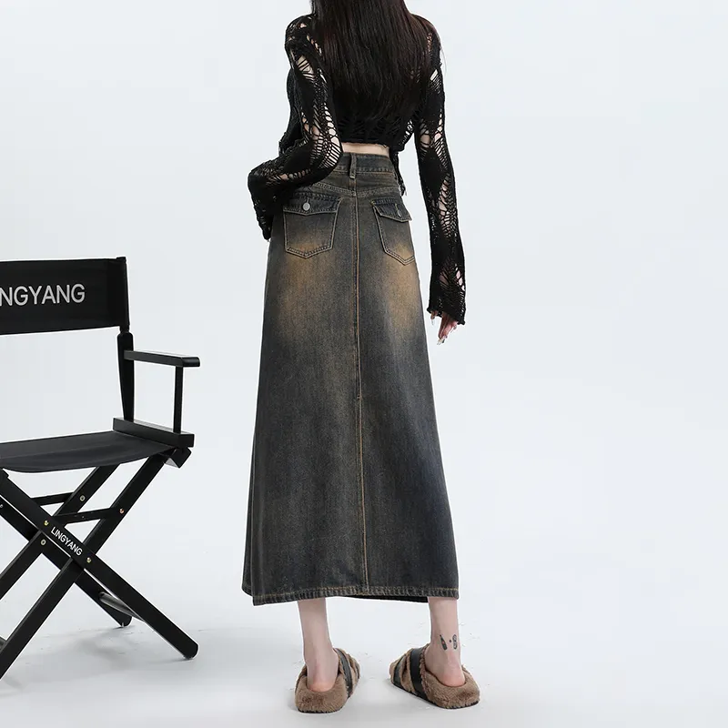Wen Shan Denim Long Skirt Women's Yellow Mud-5