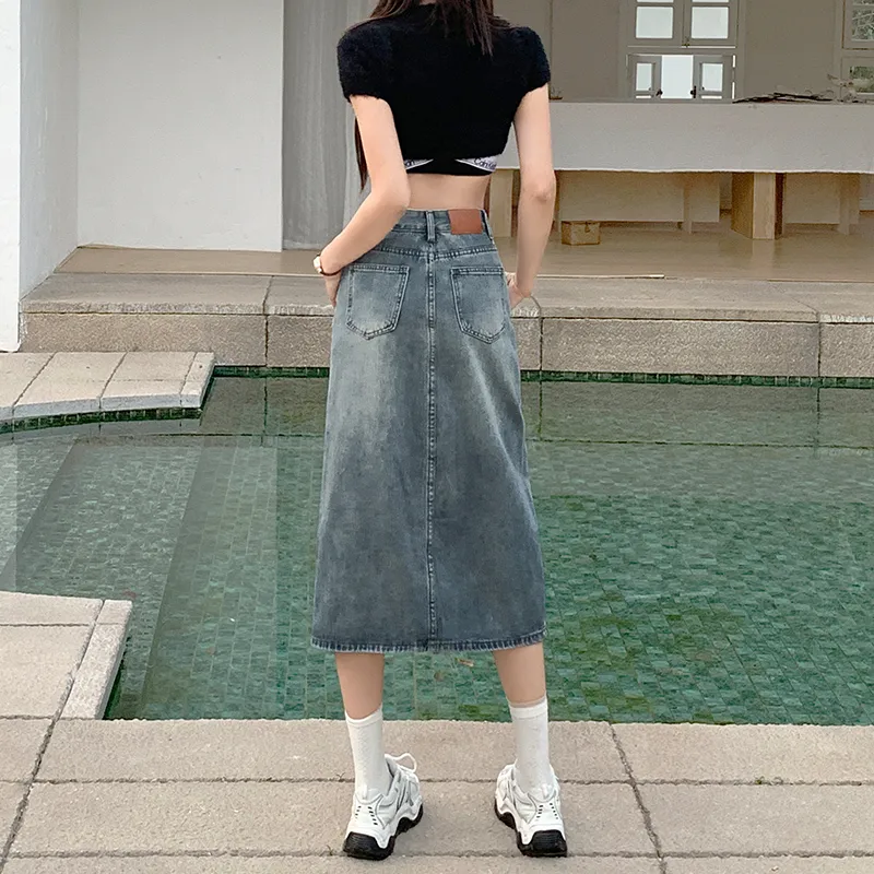 Wen Shan Denim Long Skirt Women's Vintage Blue-5