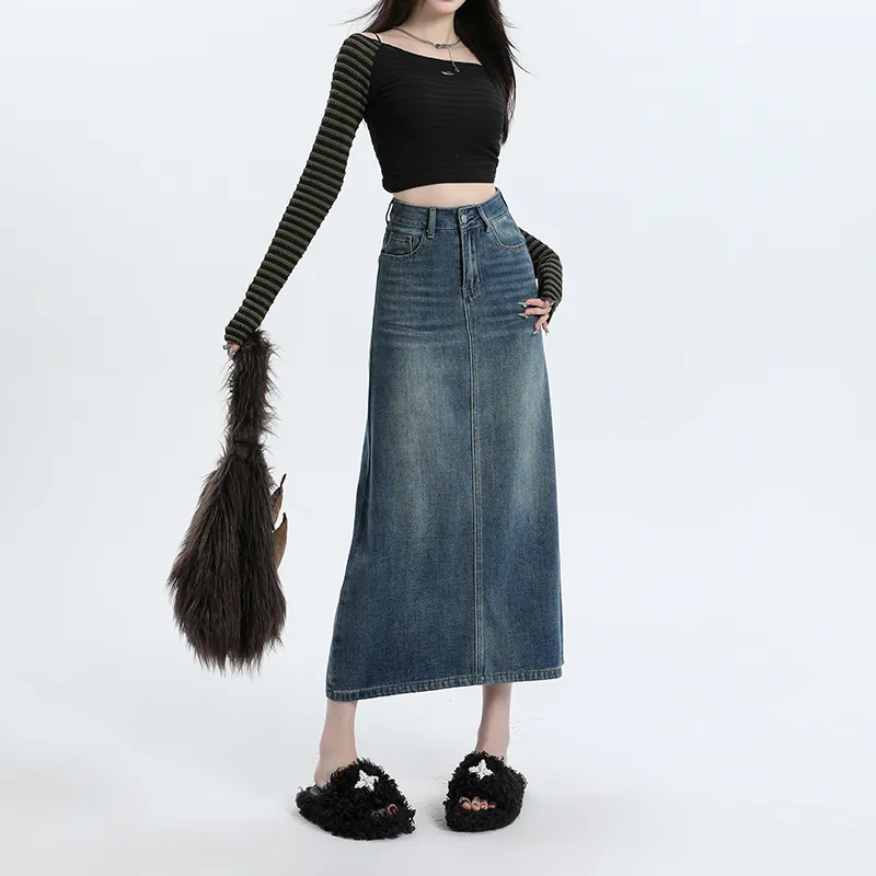 Wen Shan Denim Long Skirt Women's Vintage Blue-3