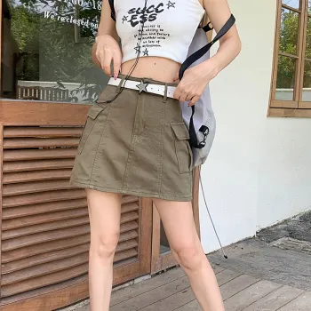 Wen Shan Denim Short Skirts Women's Army Green