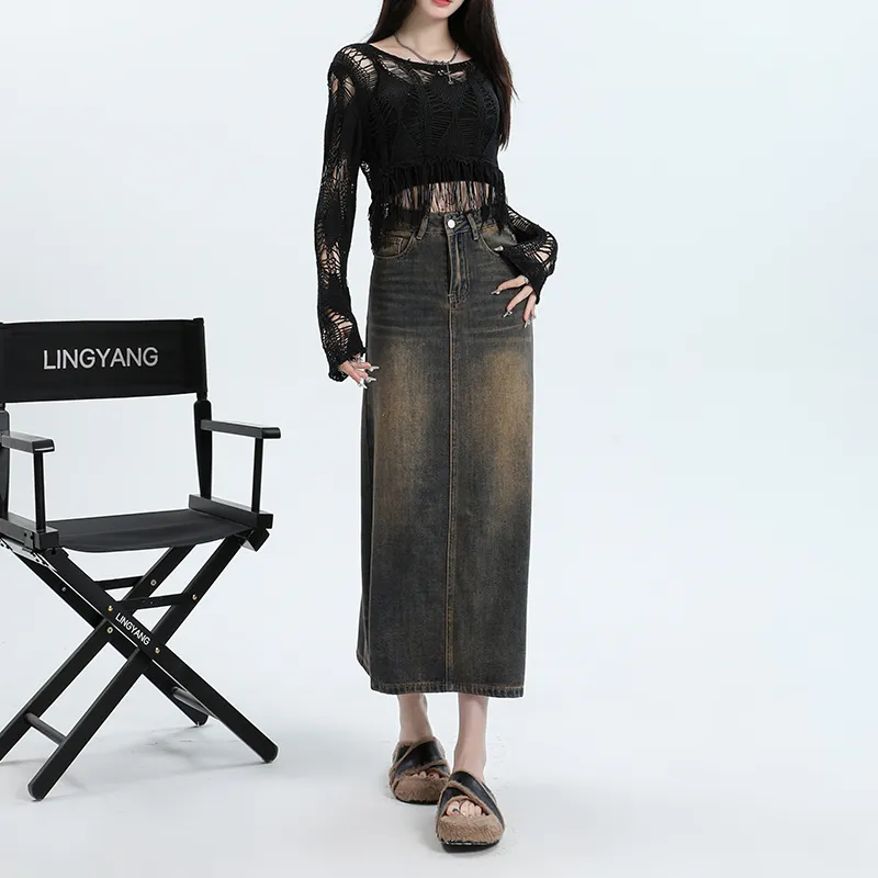 Wen Shan Denim Long Skirt Women's Yellow Mud-4