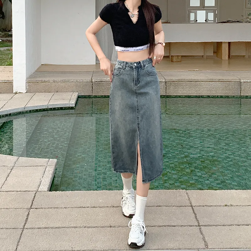 Wen Shan Denim Long Skirt Women's Vintage Blue-1