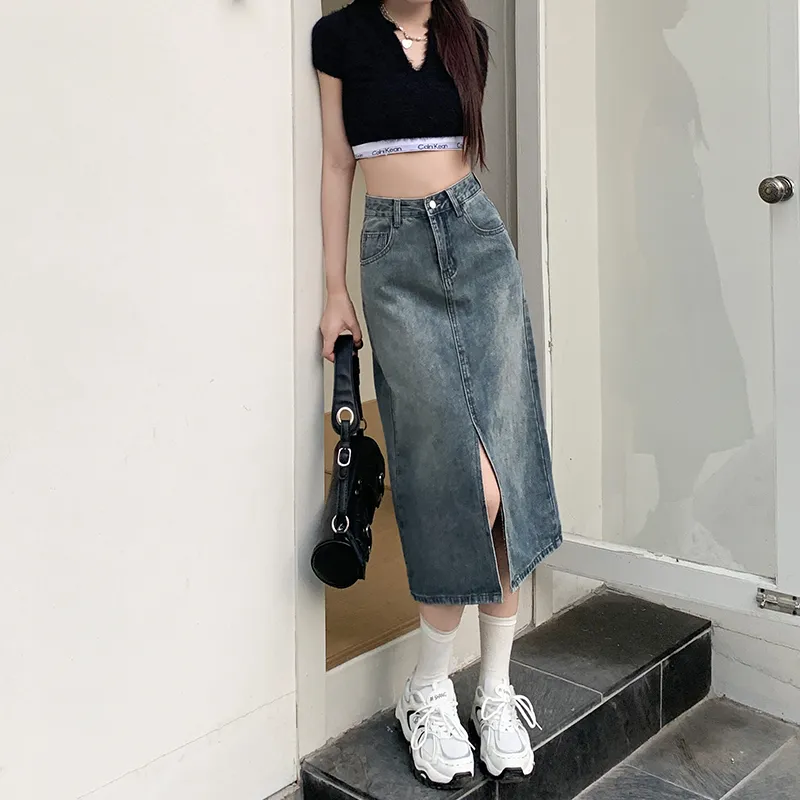 Wen Shan Denim Long Skirt Women's Vintage Blue-3