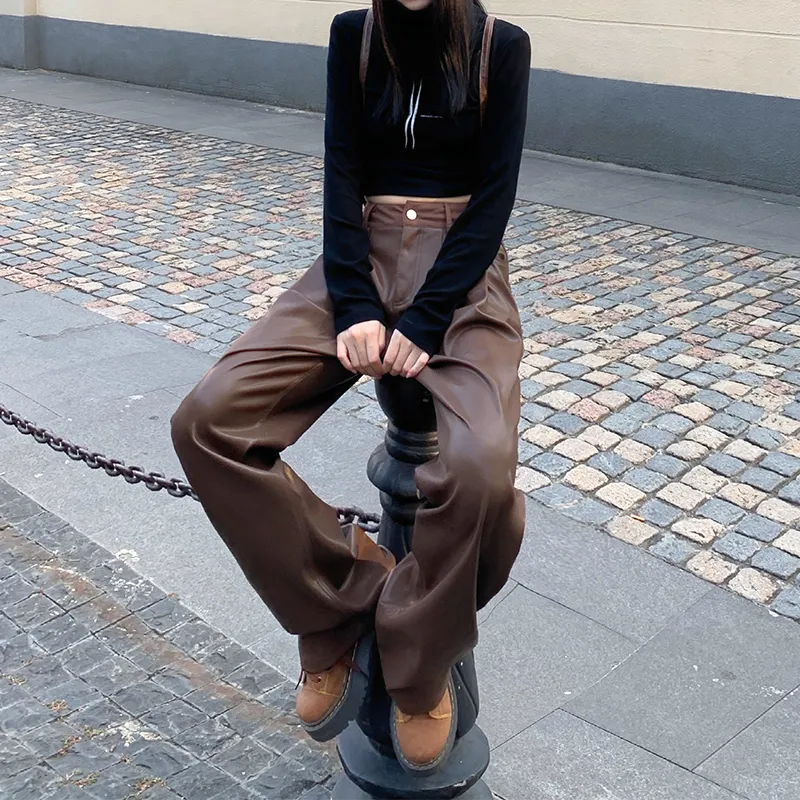 Wen Shan Leather Pants Women's Coffee-4