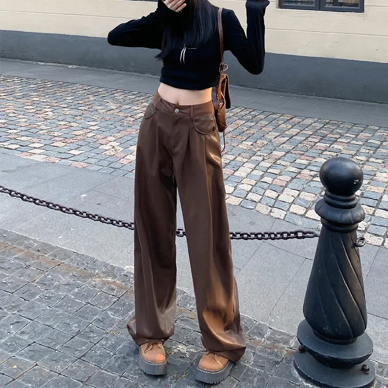 Wen Shan Leather Pants Women's Coffee-11