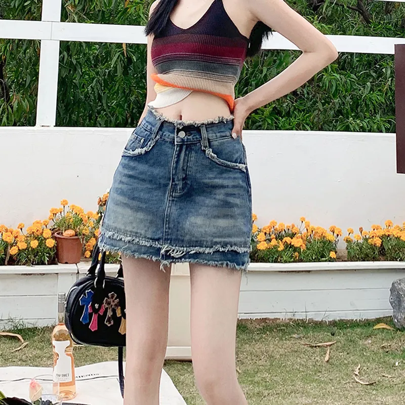 Wen Shan Denim Short Skirts Women's Vintage Blue-3