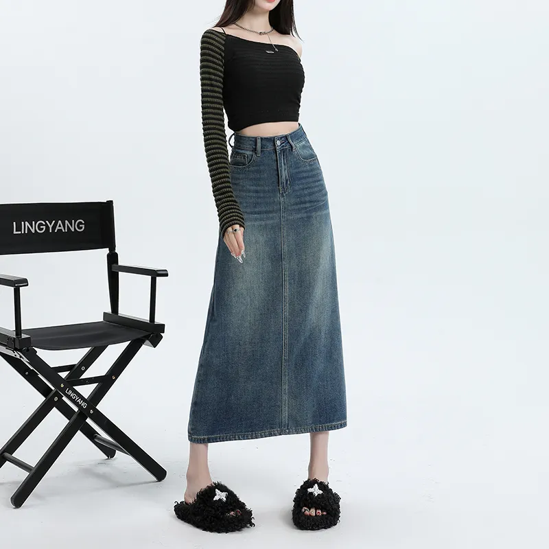 Wen Shan Denim Long Skirt Women's Vintage Blue-4