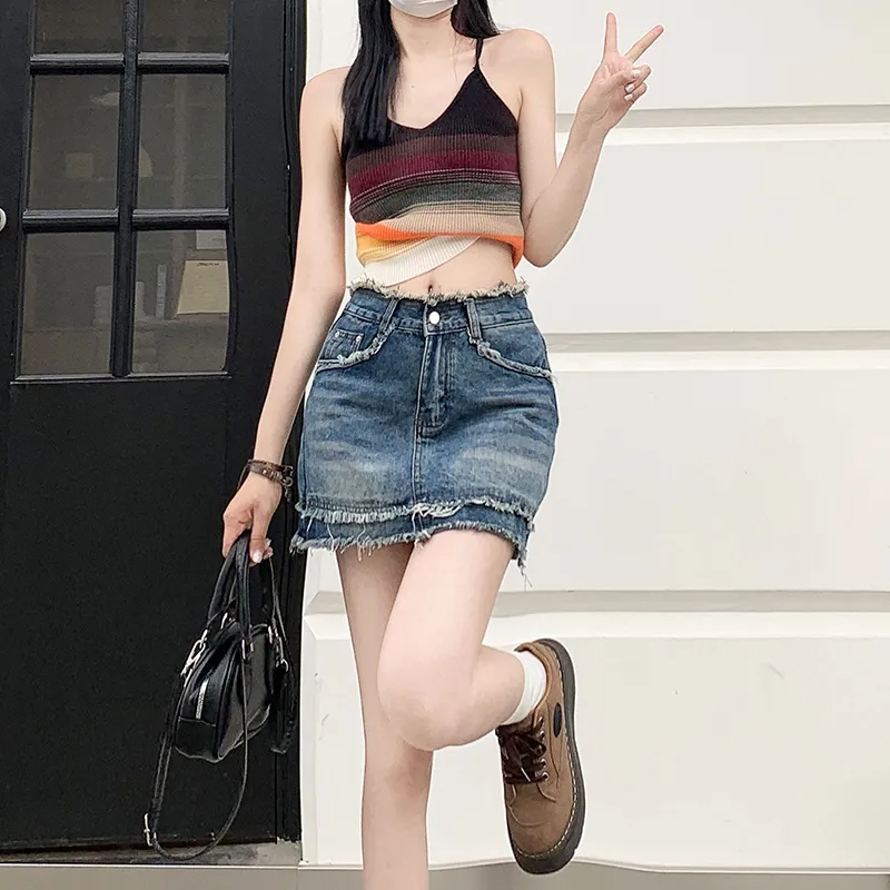 Wen Shan Denim Short Skirts Women's Vintage Blue-1