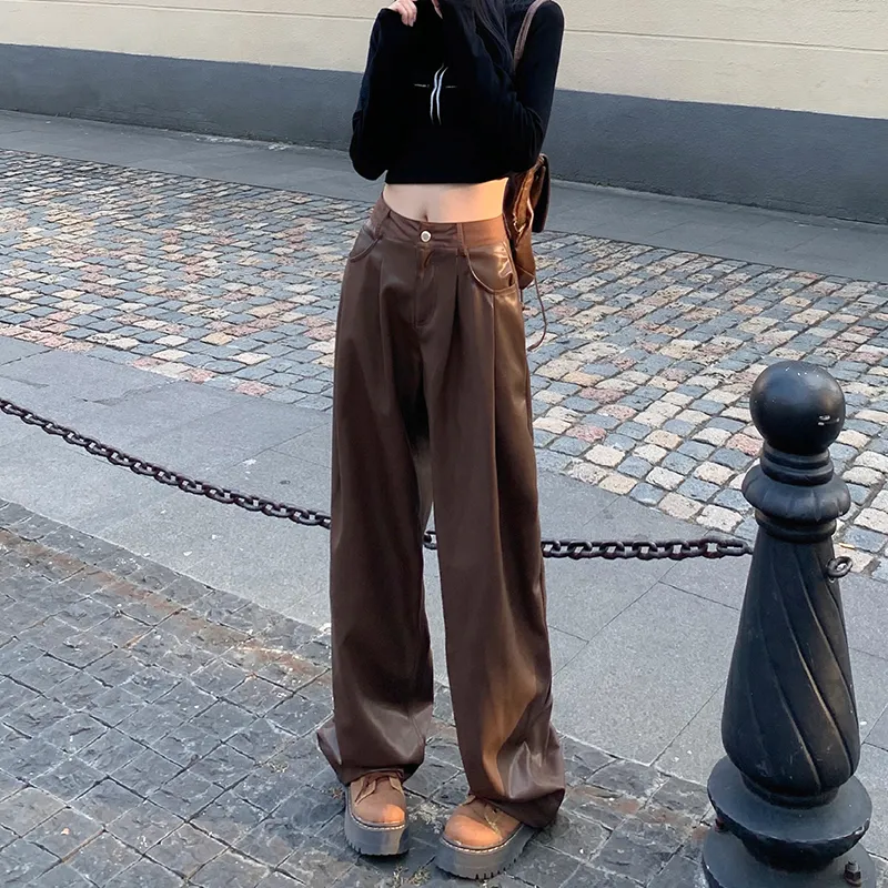 Wen Shan Leather Pants Women's Coffee-9