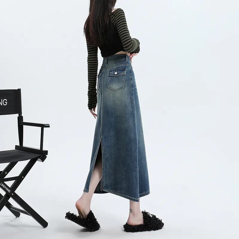Wen Shan Denim Long Skirt Women's Vintage Blue-5
