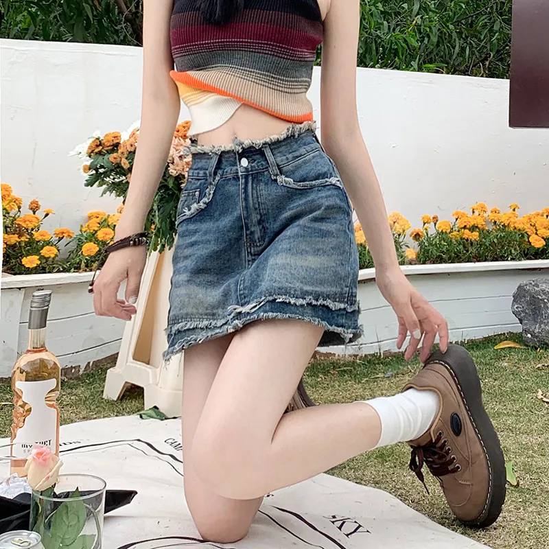 Wen Shan Denim Short Skirts Women's Vintage Blue-2