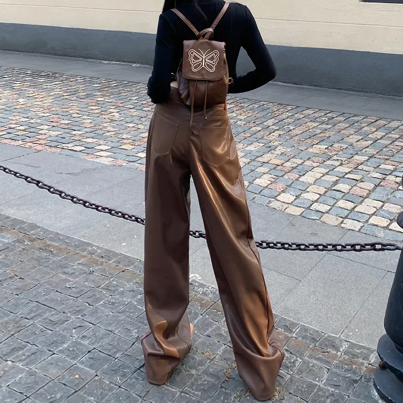 Wen Shan Leather Pants Women's Coffee-6