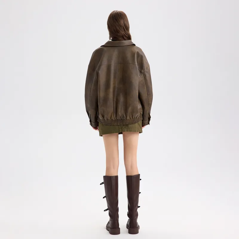 Wen Shan Leather Jacket Women's Vintage Brown-6