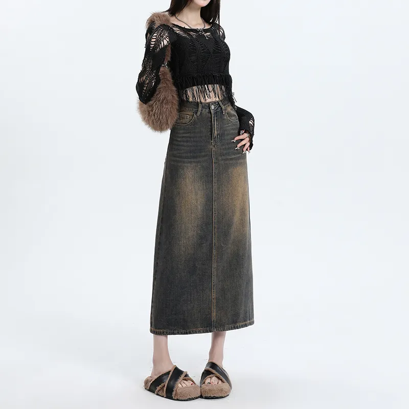 Wen Shan Denim Long Skirt Women's Yellow Mud-3
