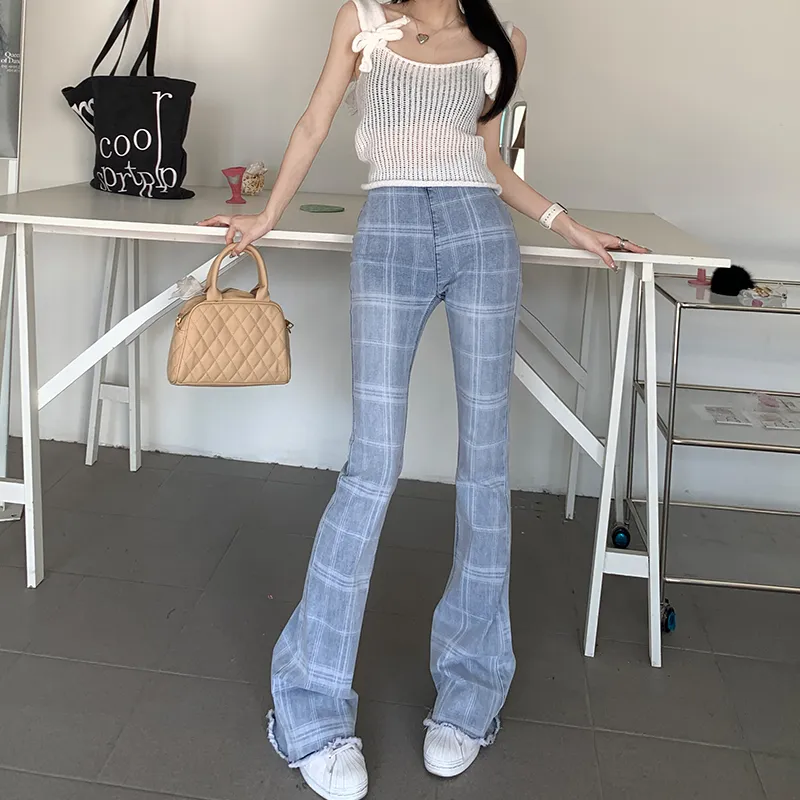 Wen Shan Jeans Women's Plaid Blue-11