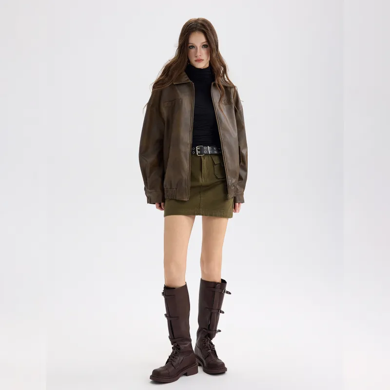 Wen Shan Leather Jacket Women's Vintage Brown-3