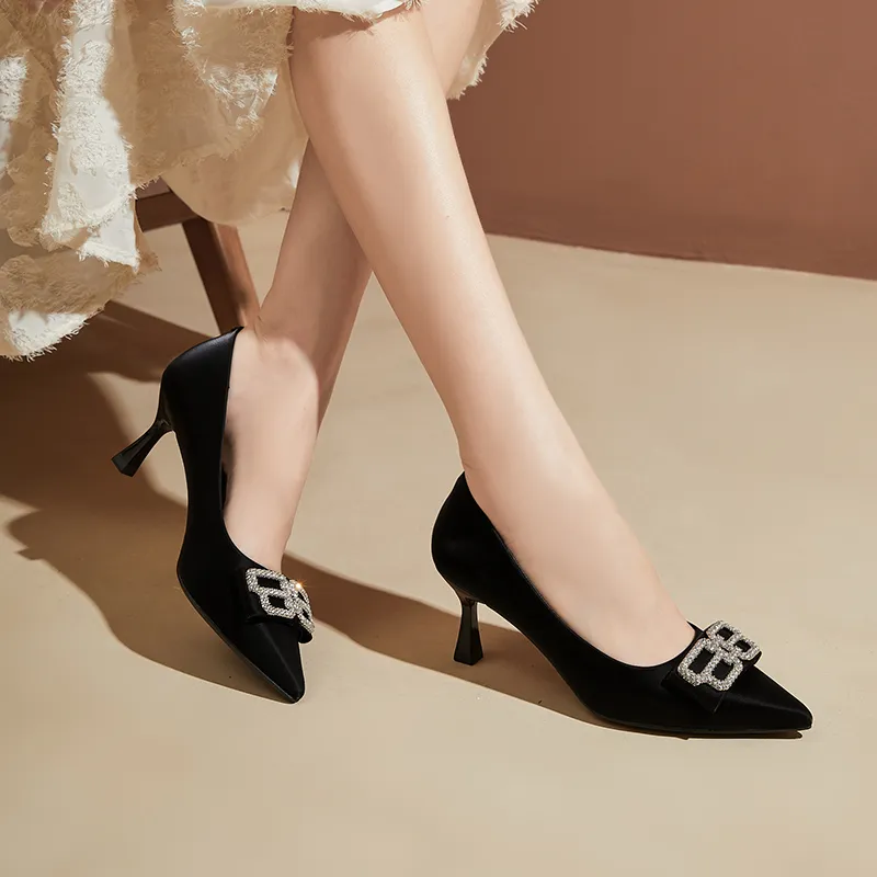 15 MINS Slim Heel High Heels Women's Black-6