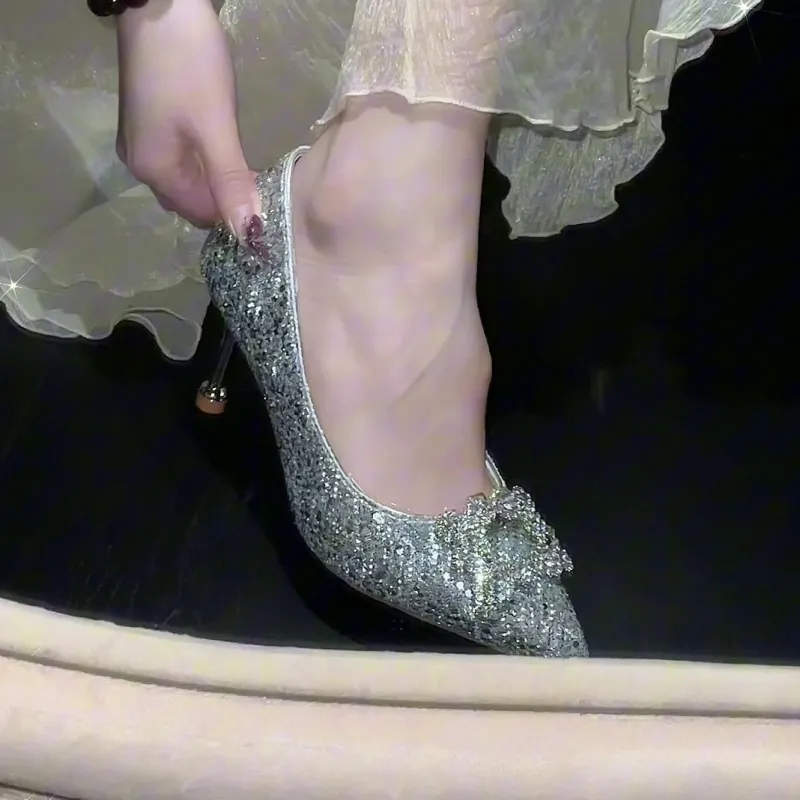 Crelinkxlat Rhinestone Butterfly Slim Heel High Heels Women's Silver-24