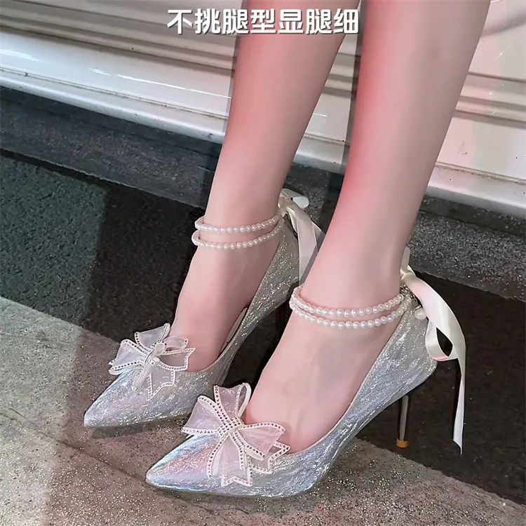 Crelinkxlat Pearl Butterfly Chain, French, Fairy Soft Slim Heel High Heels Women's-32