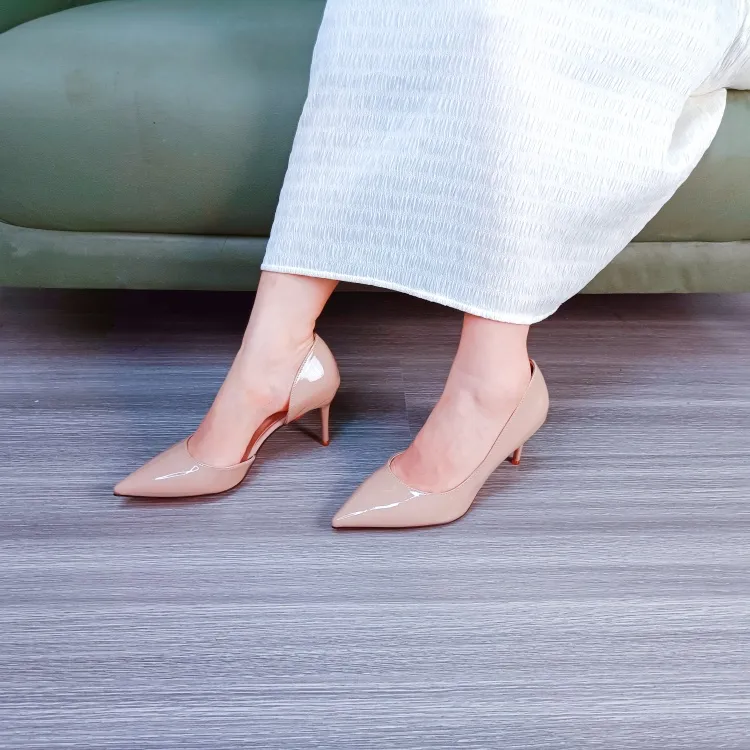 Crelinkxlat Pointed Toe Elegance, Exquisite Shiny Finish Slim Heel High Heels 8cm Women's Nude-3