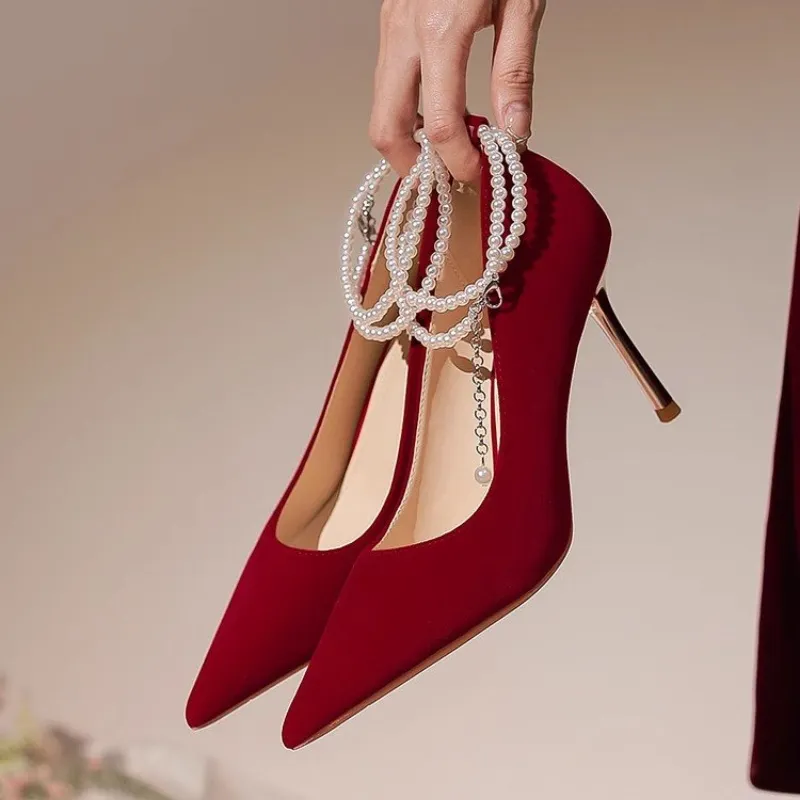 Crelinkxlat Box Celebration Wedding Elegant Pointed Toe Slim Heel High Heels Women's Red-6