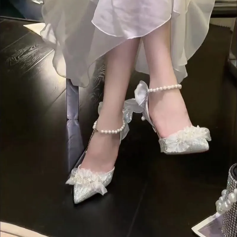 Crelinkxlat [Glaze Starlight]Pearl Bowknot, Crystal Shoes Wedding Shoes High Heels, Women's-7