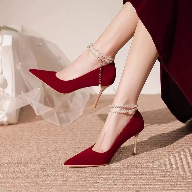 Crelinkxlat Box Celebration Wedding Elegant Pointed Toe Slim Heel High Heels Women's Red-2