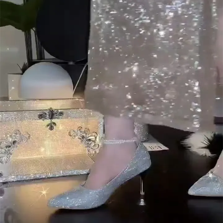 Crelinkxlat Rhinestone Butterfly Slim Heel High Heels Women's Silver-10