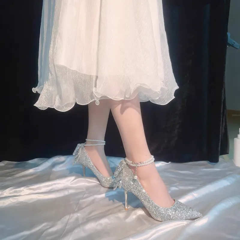 Crelinkxlat French Fairy Soft Princess Crystal Unlined Shoes Slim Heel High Heels Women's-12