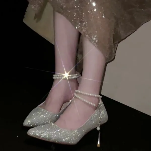 Crelinkxlat Pearl Butterfly Chain, French, Fairy Soft Slim Heel High Heels Women's-14