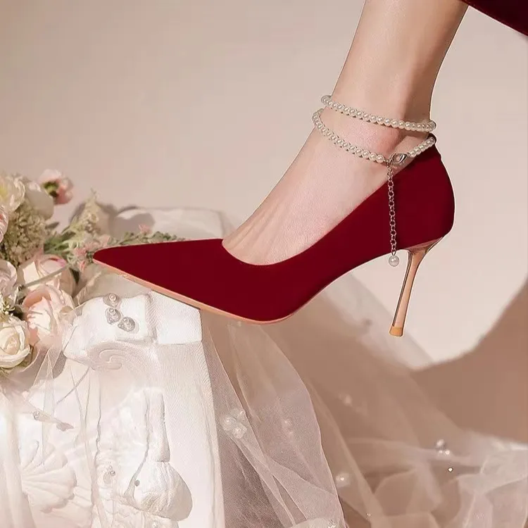 Crelinkxlat Box Celebration Wedding Elegant Pointed Toe Slim Heel High Heels Women's Red-7
