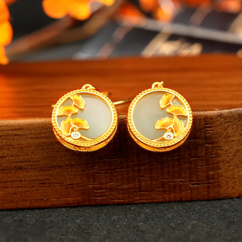 Yi Zhen Ge Hetian Jade Earrings Pale Greenish White Jade Women's-3