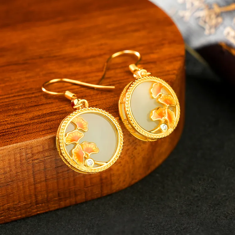 Yi Zhen Ge Hetian Jade Earrings Pale Greenish White Jade Women's-4