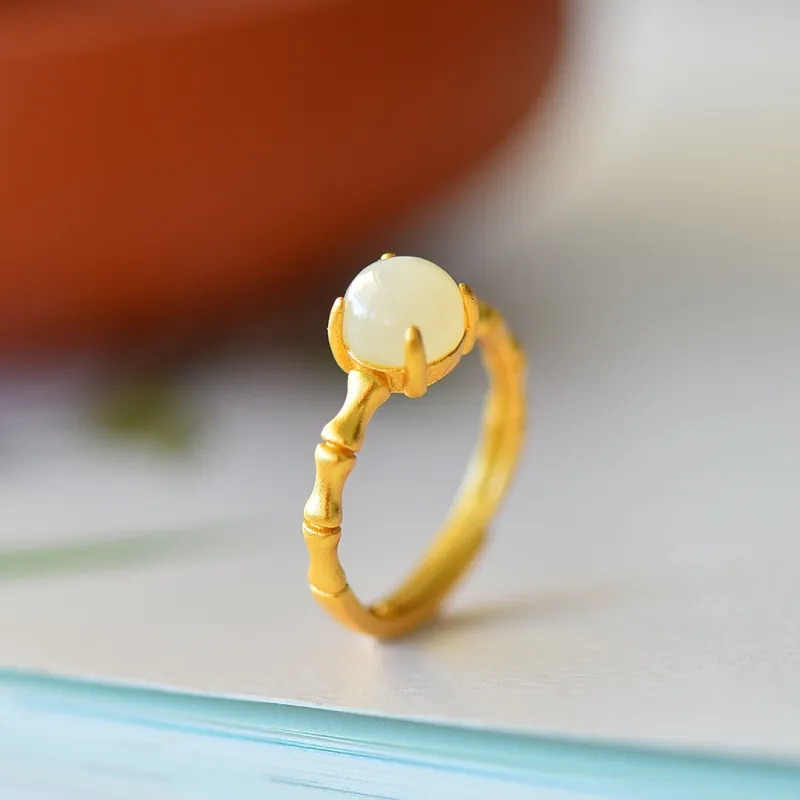 Yi Zhen Ge Hetian Jade S925 Silver Hetian Jade Rings Women's Pale Greenish White Jade-2