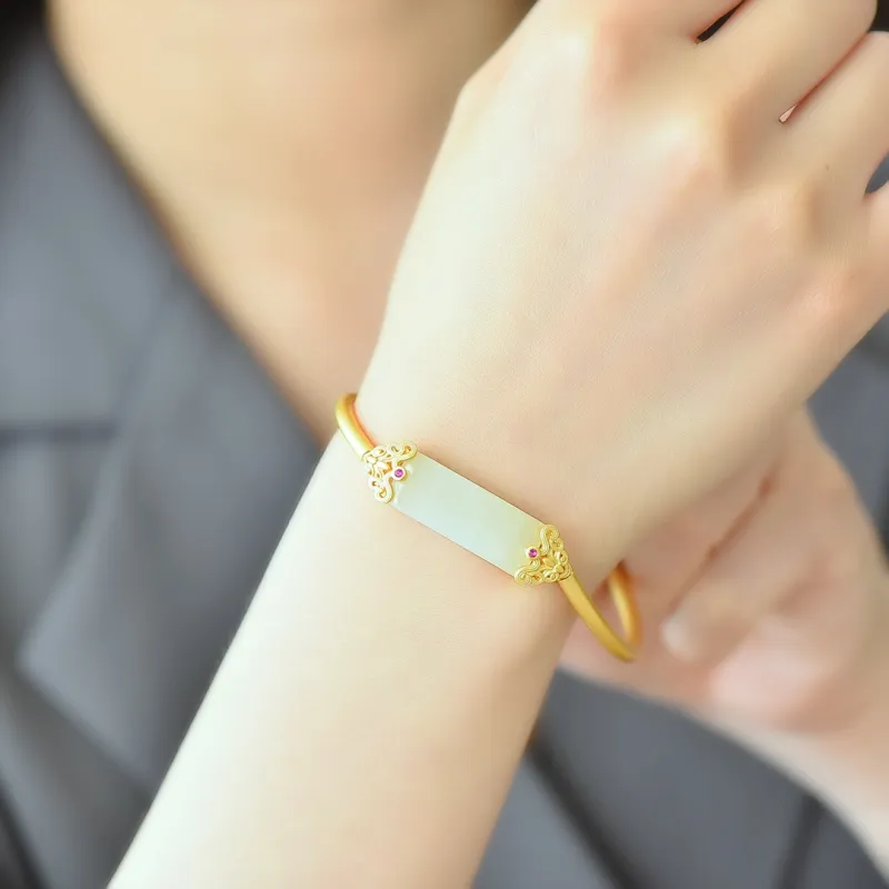 Yi Zhen Ge Hetian Jade S925 Silver Bangles Women's Pale Greenish White Jade-4