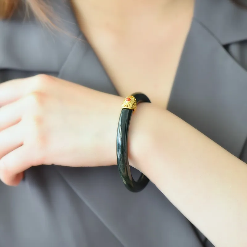 Yi Zhen Ge Hetian Jade S925 Silver Hetian Jade Bangles Women's Black Jade-3