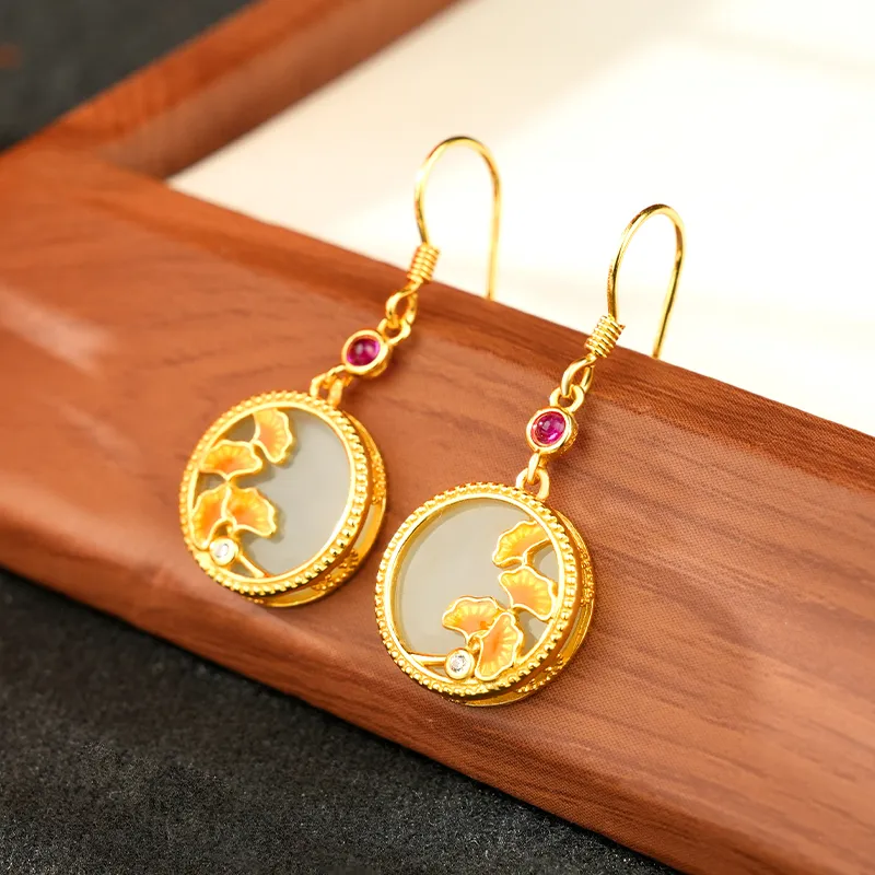 Yi Zhen Ge Hetian Jade Earrings Pale Greenish White Jade Women's-2