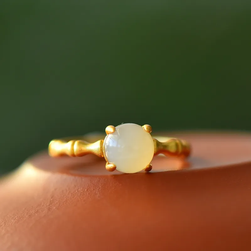 Yi Zhen Ge Hetian Jade S925 Silver Hetian Jade Rings Women's Pale Greenish White Jade-3