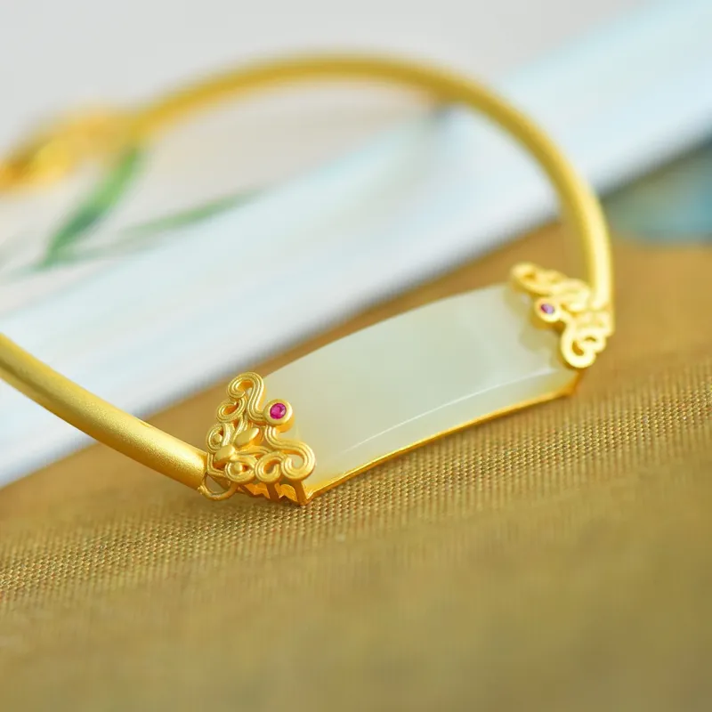 Yi Zhen Ge Hetian Jade S925 Silver Bangles Women's Pale Greenish White Jade-1