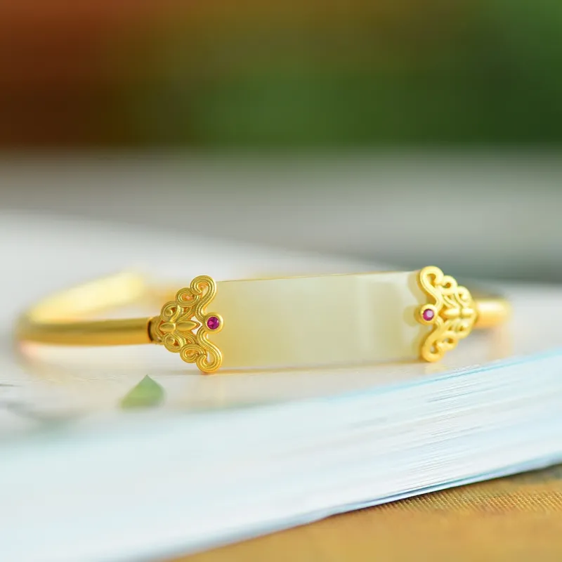 Yi Zhen Ge Hetian Jade S925 Silver Bangles Women's Pale Greenish White Jade-2